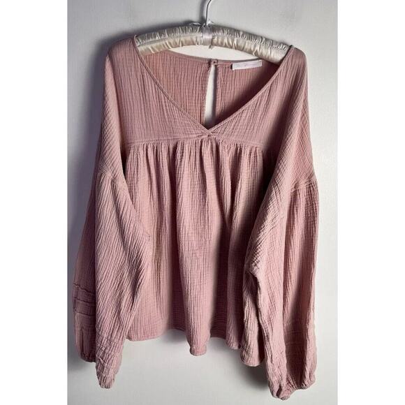 Ces Femme Katherine Shiring Top Pink Cotton Ballon Sleeves Keyhole Plus Sz 3X - Picture 1 of 8